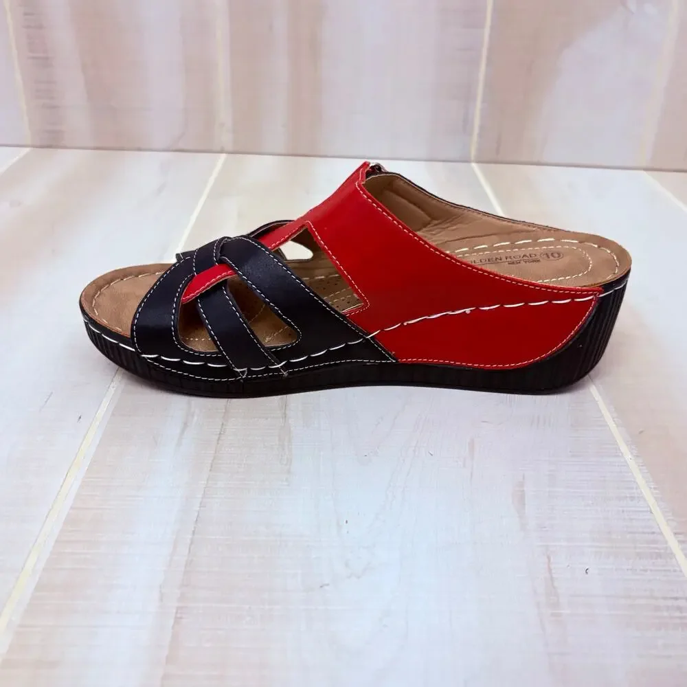 Golden Road Red and Black Comfort Wedge Sandals Sz 10 Slip On Casual Adjustable
